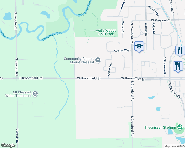 map of restaurants, bars, coffee shops, grocery stores, and more near 1402-1524 W Broomfield St in Mt Pleasant