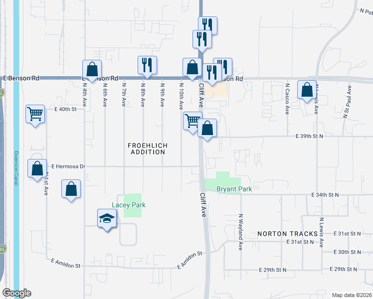 map of restaurants, bars, coffee shops, grocery stores, and more near 3400-3698 N 10th Ave in Sioux Falls