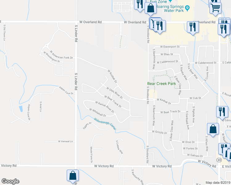 map of restaurants, bars, coffee shops, grocery stores, and more near West Olds River Drive in Meridian