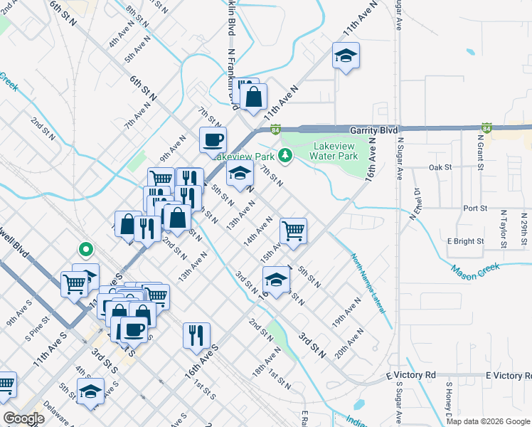 map of restaurants, bars, coffee shops, grocery stores, and more near 1324 5th Street North in Nampa