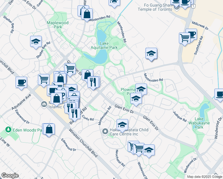 map of restaurants, bars, coffee shops, grocery stores, and more near 6509 Glen Erin Drive in Mississauga