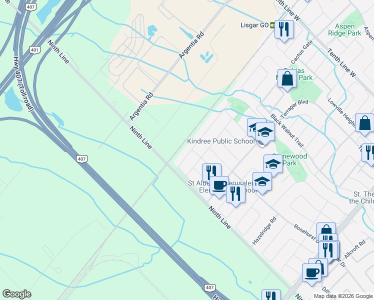 map of restaurants, bars, coffee shops, grocery stores, and more near 3833 Partition Road in Mississauga