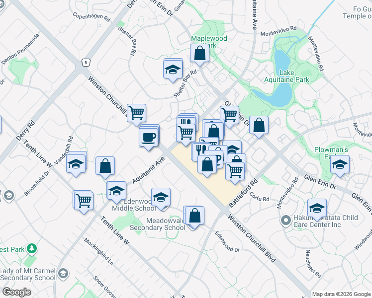 map of restaurants, bars, coffee shops, grocery stores, and more near 6720 Meadowvale Town Centre Circle in Mississauga