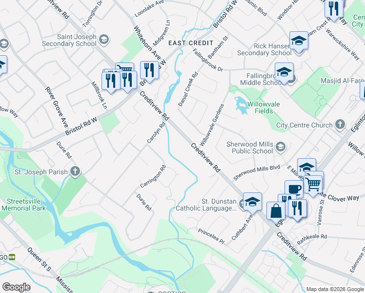 map of restaurants, bars, coffee shops, grocery stores, and more near 5264 Creditview Road in Mississauga