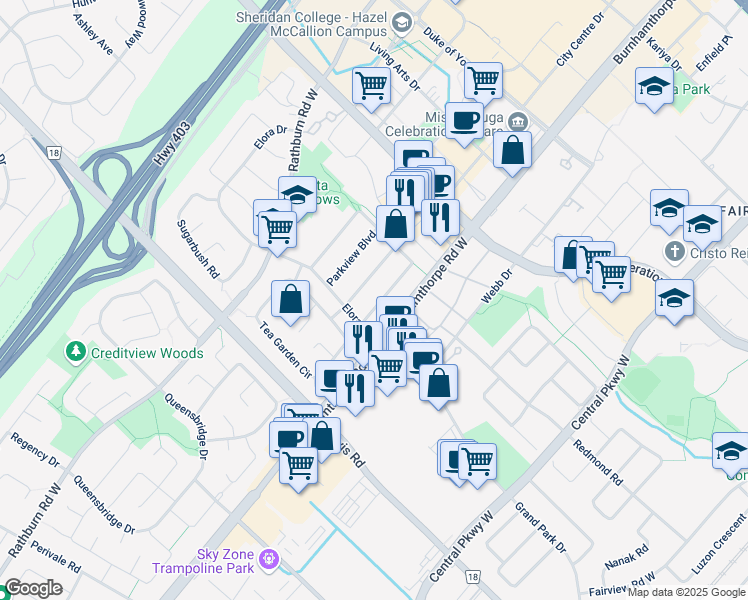 map of restaurants, bars, coffee shops, grocery stores, and more near 527 Wallenberg Crescent in Mississauga