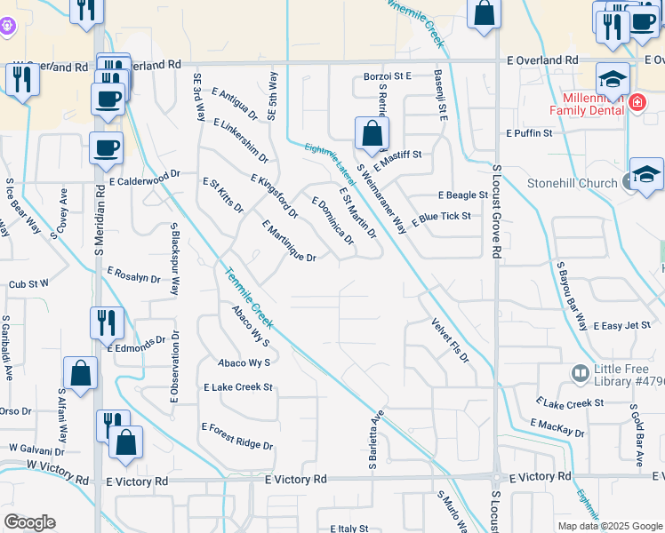map of restaurants, bars, coffee shops, grocery stores, and more near 2554 South Mesa Way in Meridian