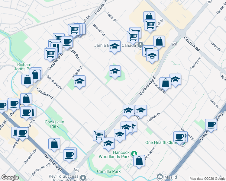 map of restaurants, bars, coffee shops, grocery stores, and more near 2375 Cliff Road in Mississauga