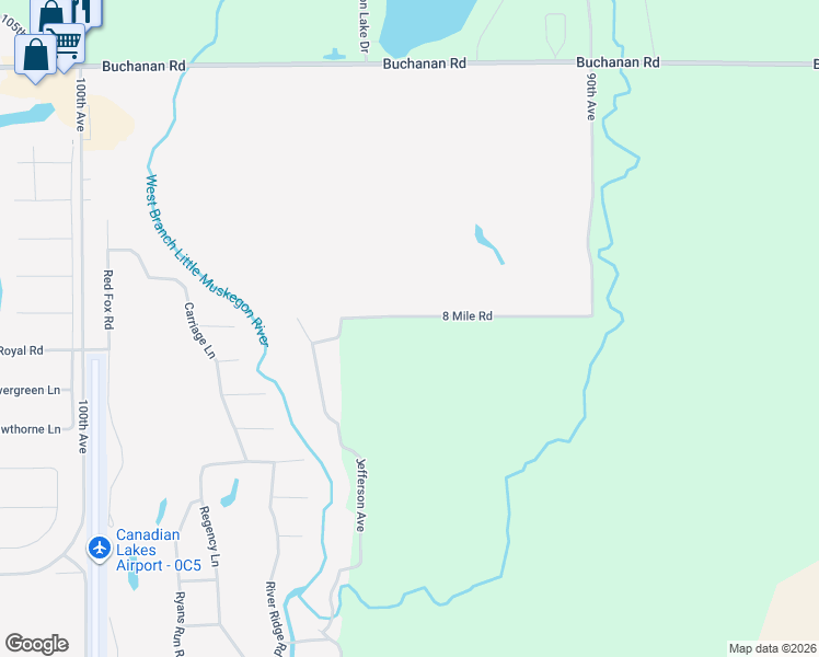 map of restaurants, bars, coffee shops, grocery stores, and more near 9433 8 Mile Road in Mecosta