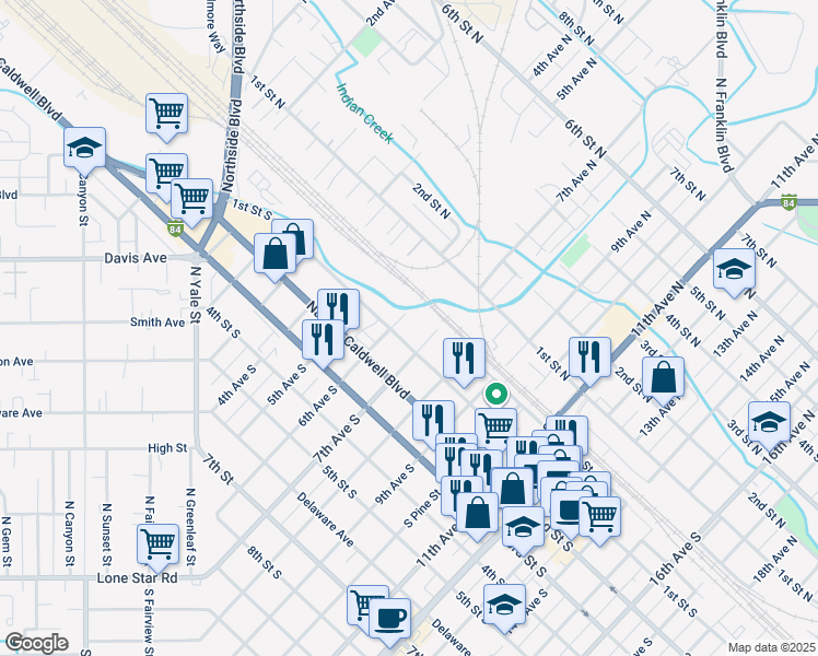map of restaurants, bars, coffee shops, grocery stores, and more near 7 7th Avenue South in Nampa
