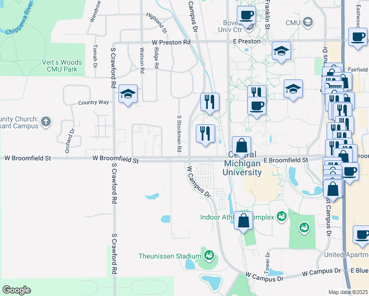 map of restaurants, bars, coffee shops, grocery stores, and more near 418 West Broomfield Street in Mount Pleasant