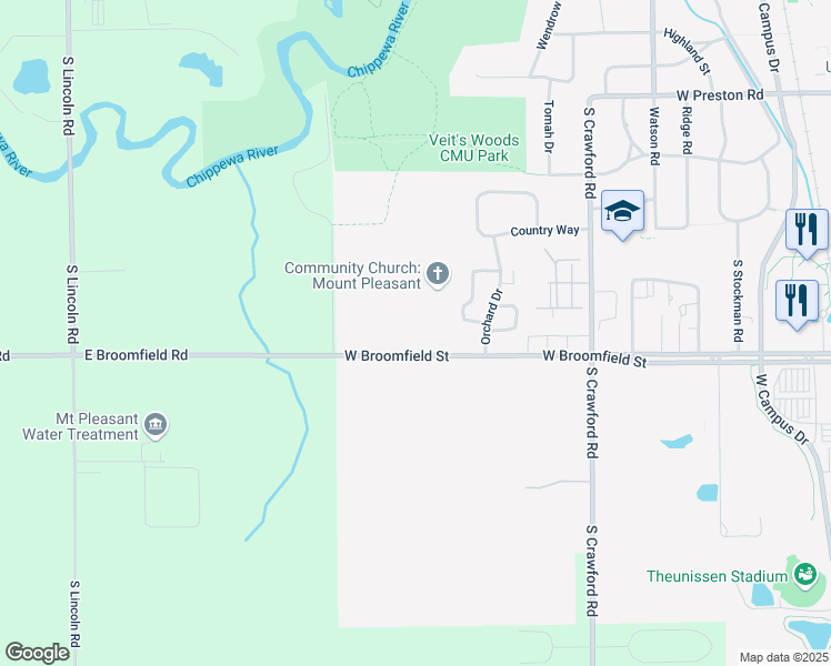 map of restaurants, bars, coffee shops, grocery stores, and more near 1402 West Broomfield Street in Mount Pleasant