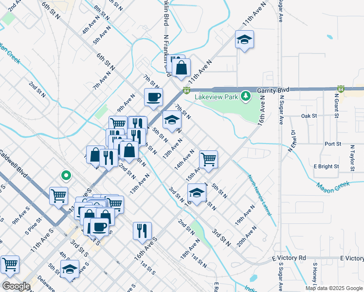 map of restaurants, bars, coffee shops, grocery stores, and more near 512 13th Avenue North in Nampa
