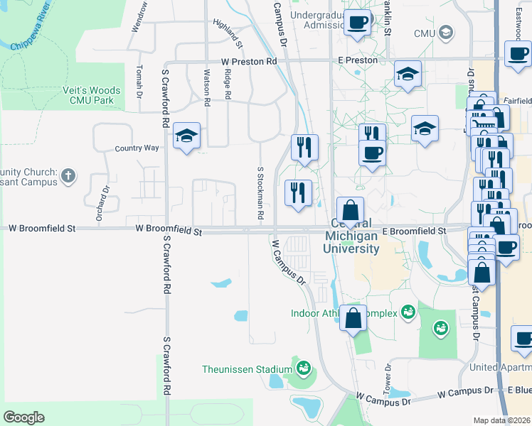 map of restaurants, bars, coffee shops, grocery stores, and more near 418 West Broomfield Street in Mount Pleasant