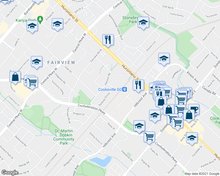 map of restaurants, bars, coffee shops, grocery stores, and more near 69 Surbray Grove in Mississauga