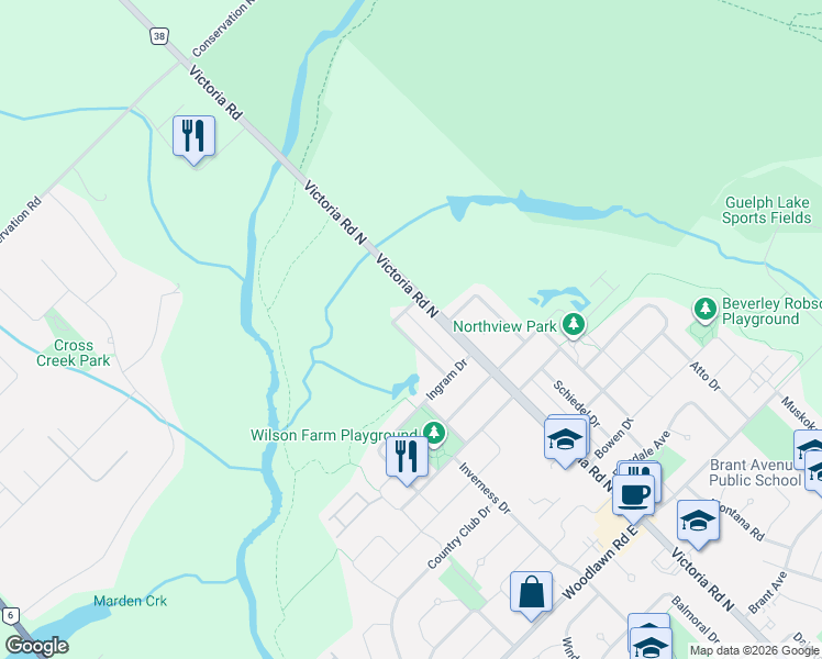 map of restaurants, bars, coffee shops, grocery stores, and more near 46 Goldenview Drive in Guelph