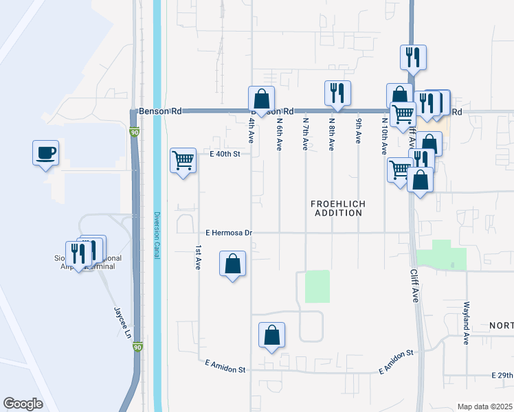 map of restaurants, bars, coffee shops, grocery stores, and more near 3420 North 4th Avenue in Sioux Falls
