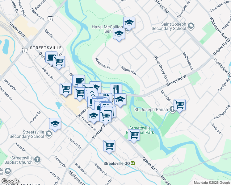 map of restaurants, bars, coffee shops, grocery stores, and more near 100 Salina Street in Mississauga