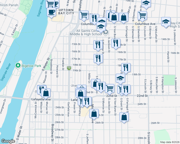 map of restaurants, bars, coffee shops, grocery stores, and more near 823 South Jefferson Street in Bay City