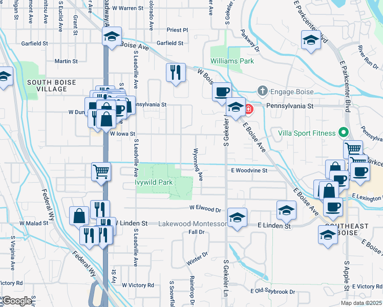 map of restaurants, bars, coffee shops, grocery stores, and more near 2300 Illinois Avenue in Boise
