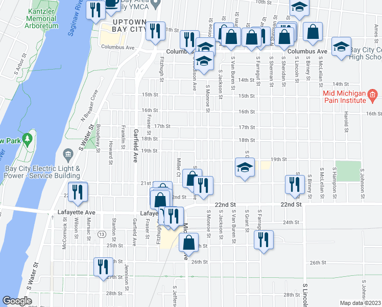 map of restaurants, bars, coffee shops, grocery stores, and more near 802 South Madison Avenue in Bay City