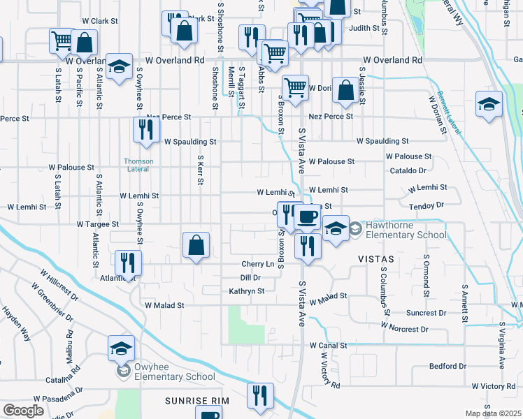map of restaurants, bars, coffee shops, grocery stores, and more near 2739 Ona Street in Boise