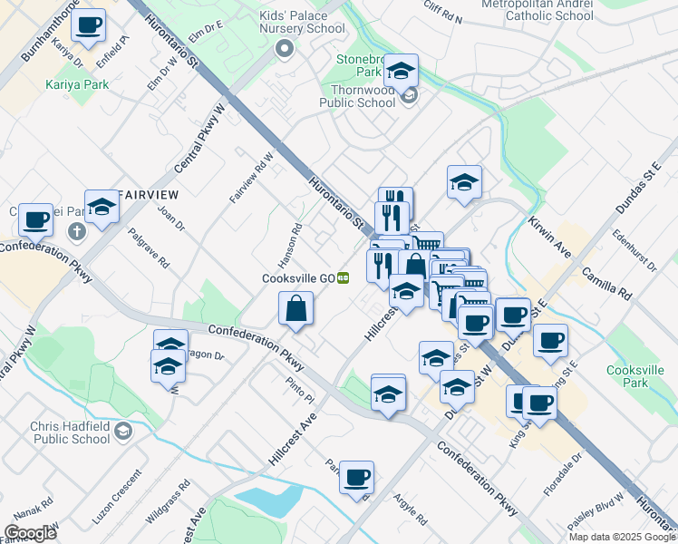 map of restaurants, bars, coffee shops, grocery stores, and more near 3210 Hurontario Street in Mississauga