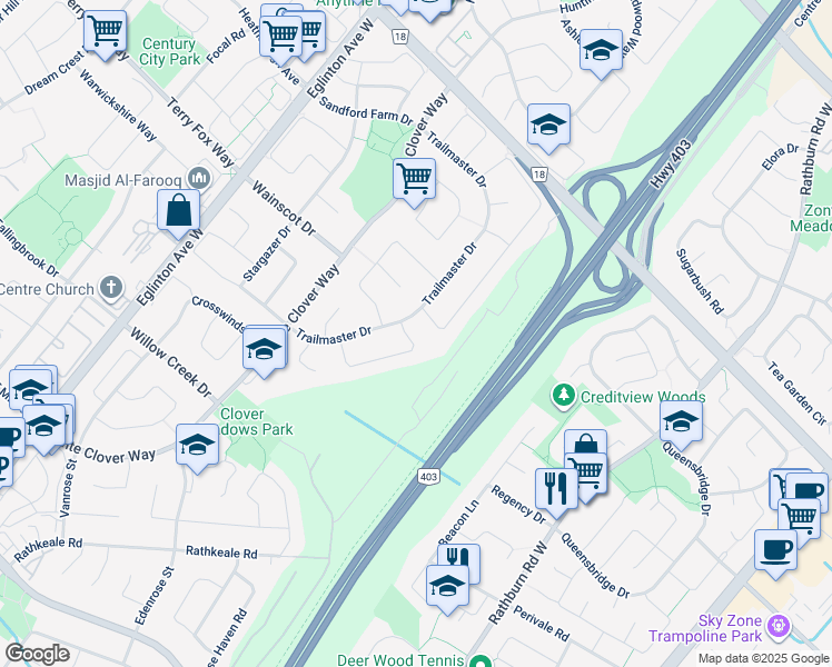 map of restaurants, bars, coffee shops, grocery stores, and more near 4412 Grassland Crescent in Mississauga
