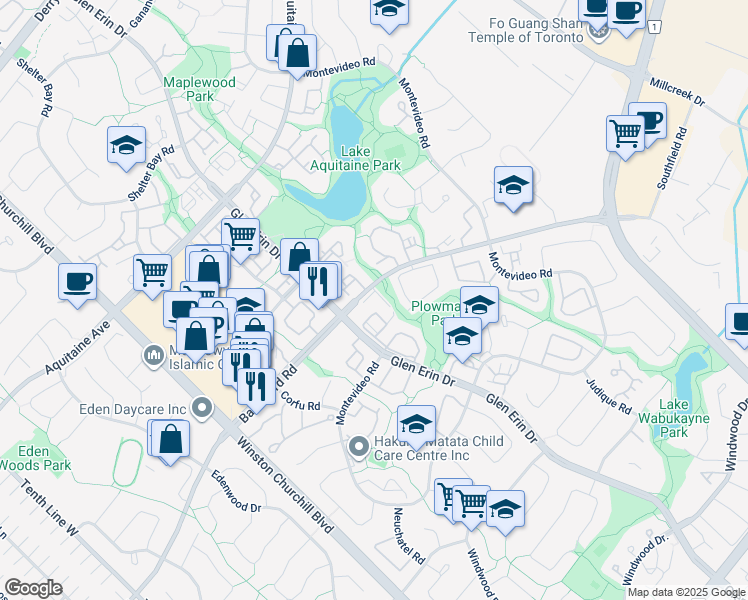 map of restaurants, bars, coffee shops, grocery stores, and more near 6509 Glen Erin Drive in Mississauga