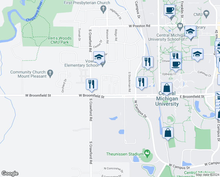 map of restaurants, bars, coffee shops, grocery stores, and more near 722 West Broomfield Street in Mount Pleasant