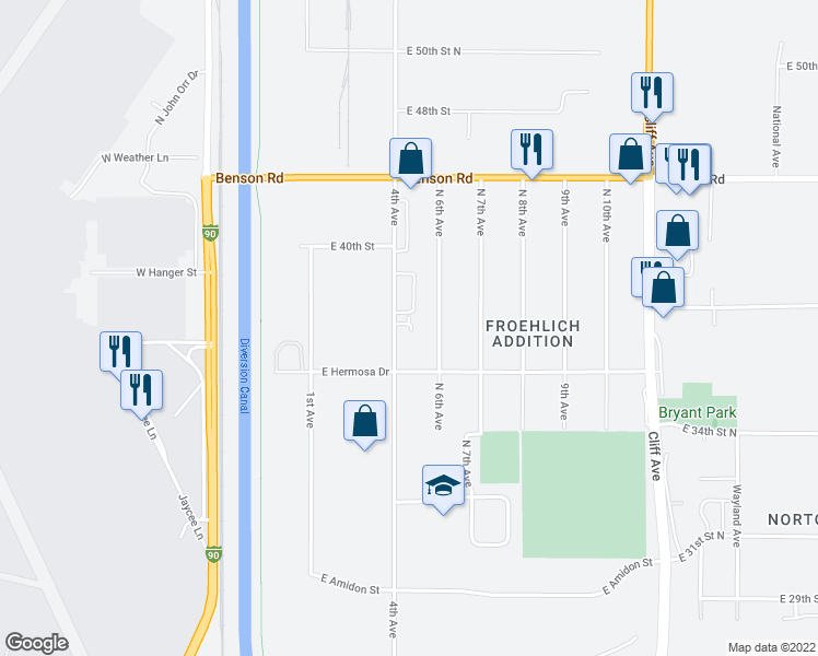 map of restaurants, bars, coffee shops, grocery stores, and more near 3400 North 4th Avenue in Sioux Falls
