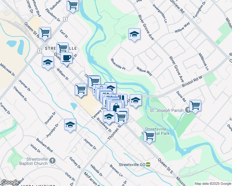 map of restaurants, bars, coffee shops, grocery stores, and more near in Mississauga