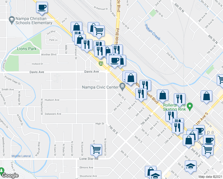 map of restaurants, bars, coffee shops, grocery stores, and more near 211 4th Street South in Nampa