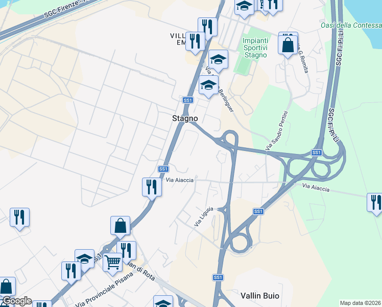 map of restaurants, bars, coffee shops, grocery stores, and more near 70 Strada Statale 1 in Stagno