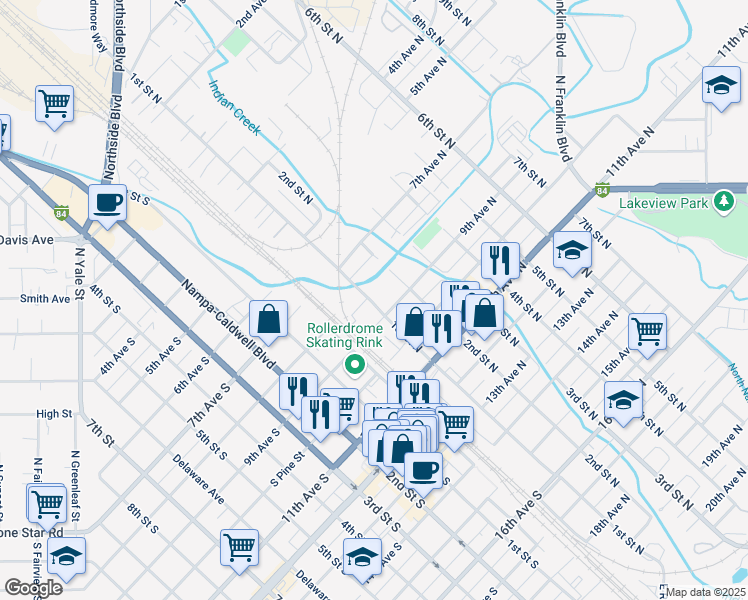 map of restaurants, bars, coffee shops, grocery stores, and more near 810 1st Street North in Nampa