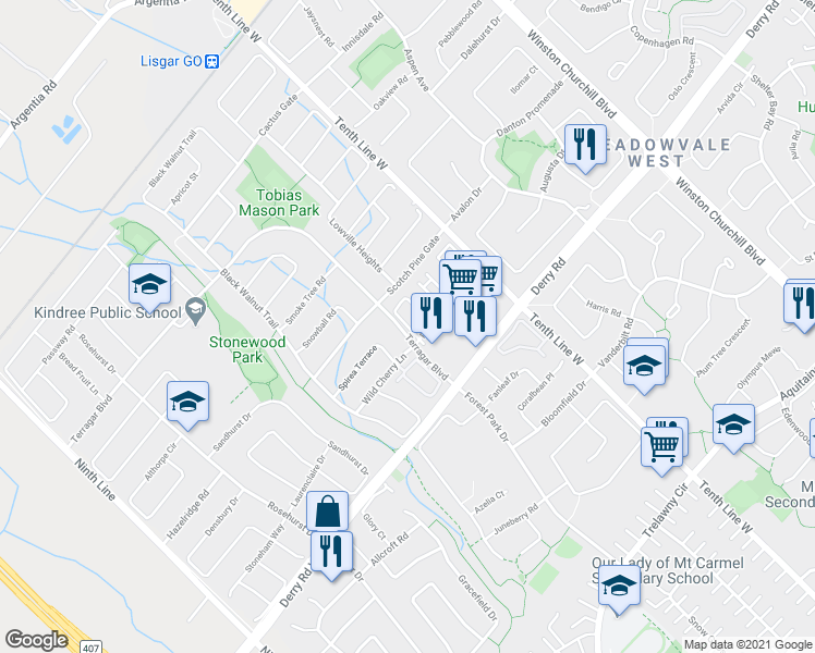map of restaurants, bars, coffee shops, grocery stores, and more near Fairmeadow Crescent in Mississauga