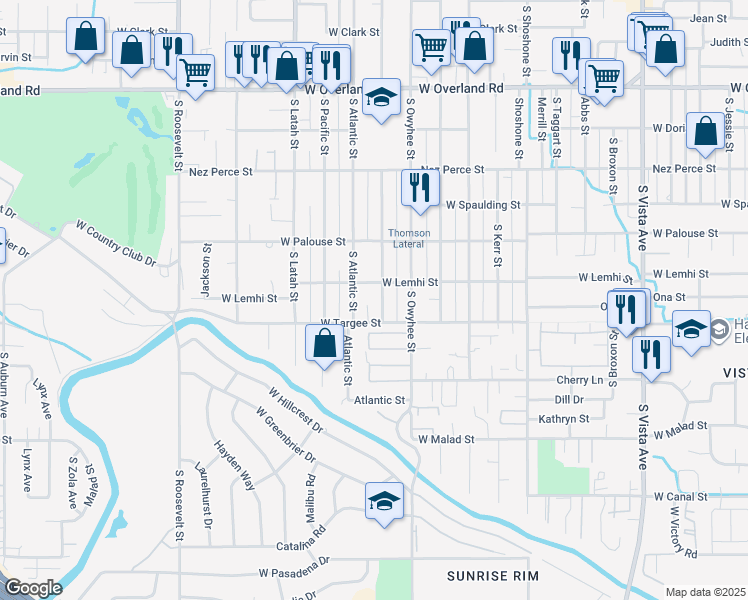 map of restaurants, bars, coffee shops, grocery stores, and more near 3410 West Targee Street in Boise
