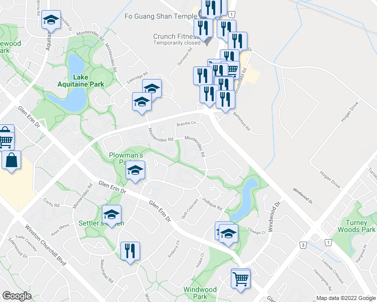 map of restaurants, bars, coffee shops, grocery stores, and more near 6100 Montevideo Road in Mississauga