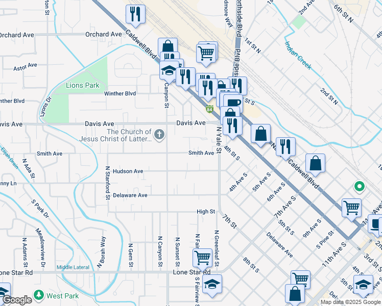 map of restaurants, bars, coffee shops, grocery stores, and more near 141 Smith Avenue in Nampa