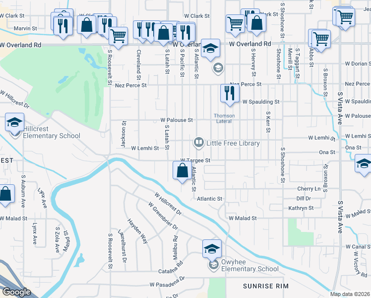map of restaurants, bars, coffee shops, grocery stores, and more near 2029 South Pacific Street in Boise