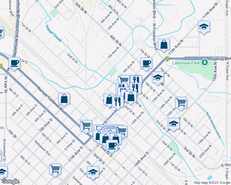 map of restaurants, bars, coffee shops, grocery stores, and more near 207 10th Avenue North in Nampa