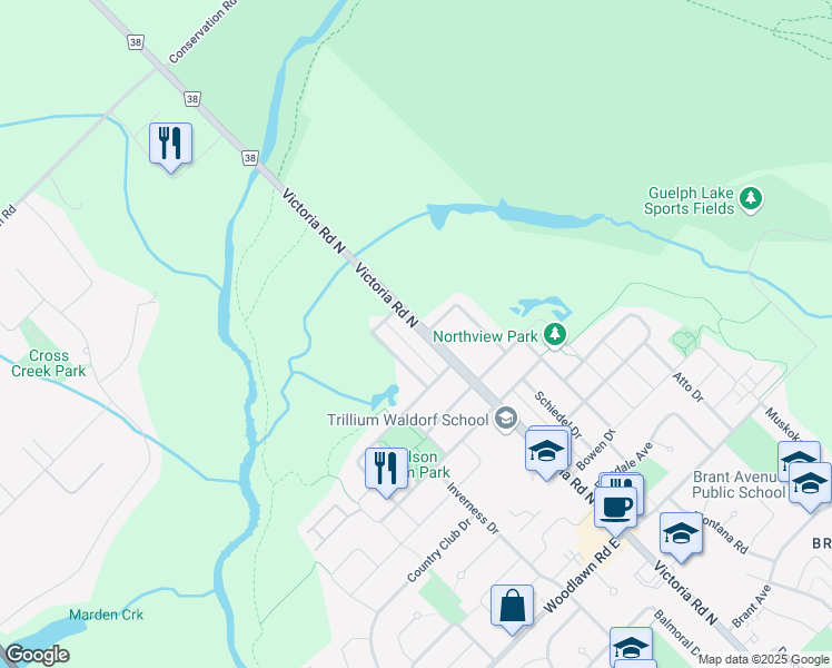 map of restaurants, bars, coffee shops, grocery stores, and more near 662 Victoria Road North in Guelph