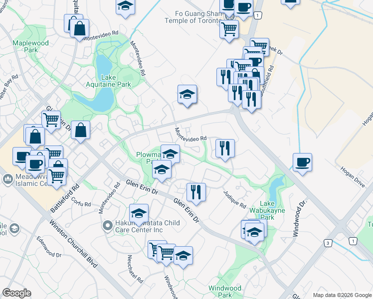 map of restaurants, bars, coffee shops, grocery stores, and more near in Mississauga
