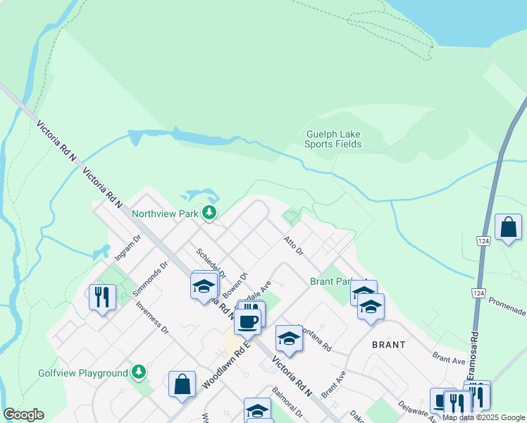 map of restaurants, bars, coffee shops, grocery stores, and more near 83 Norma Crescent in Guelph