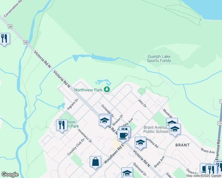 map of restaurants, bars, coffee shops, grocery stores, and more near 85 Mullin Drive in Guelph