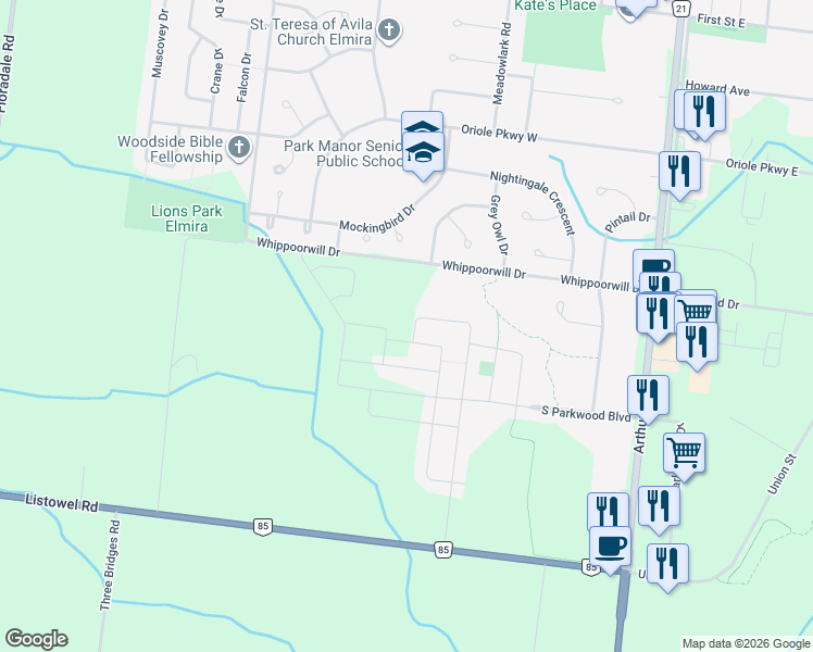 map of restaurants, bars, coffee shops, grocery stores, and more near 19 Woodberry Crescent in Waterloo Regional Municipality