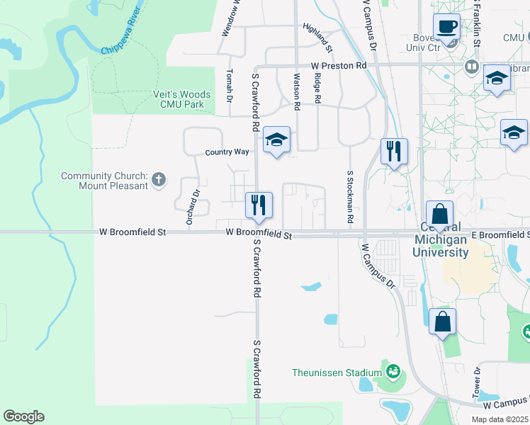 map of restaurants, bars, coffee shops, grocery stores, and more near 1825 South Crawford Road in Mount Pleasant