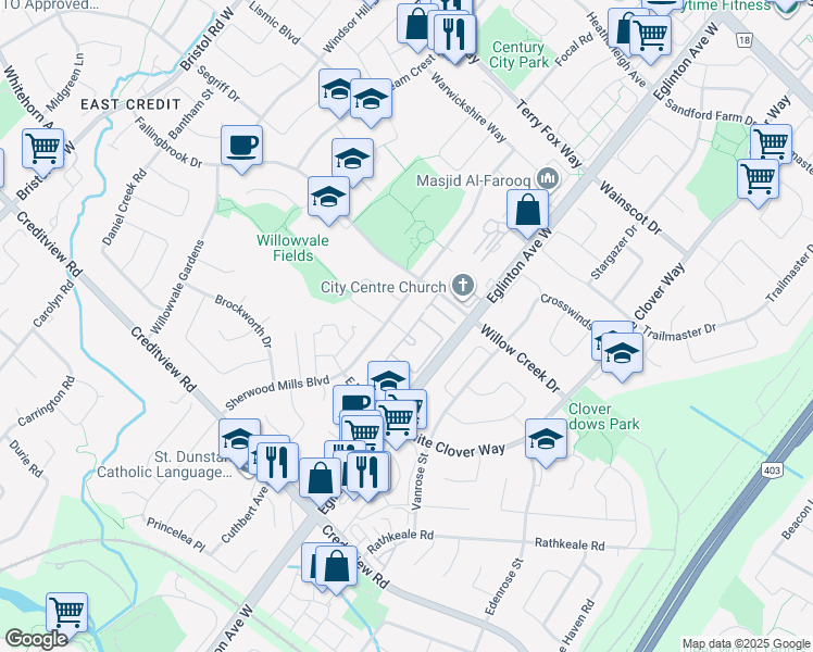 map of restaurants, bars, coffee shops, grocery stores, and more near 1292 Sherwood Mills Boulevard in Mississauga