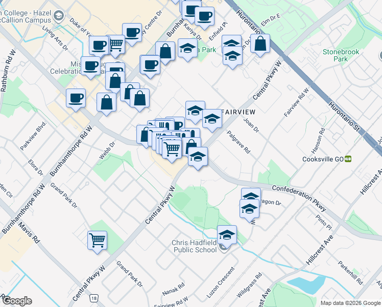 map of restaurants, bars, coffee shops, grocery stores, and more near in Mississauga