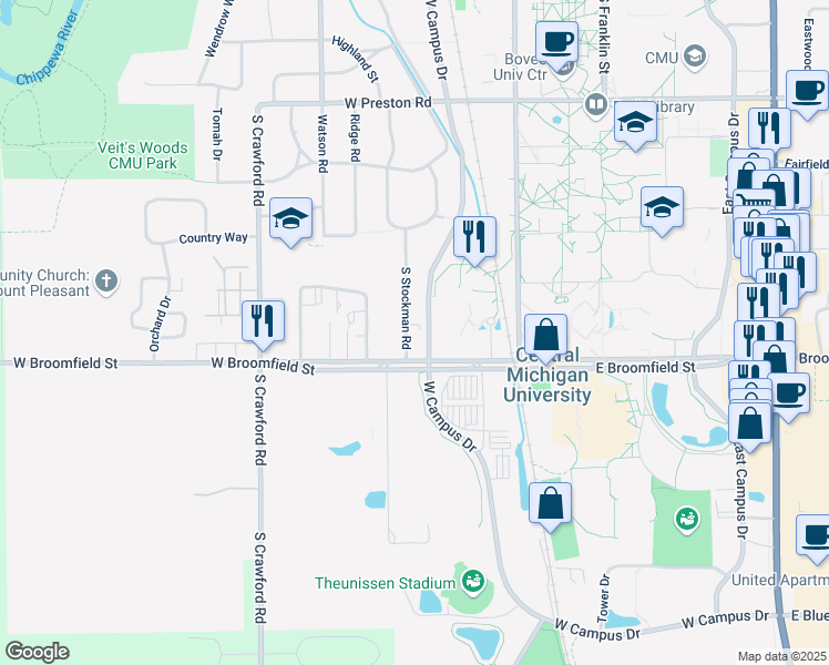 map of restaurants, bars, coffee shops, grocery stores, and more near 1909 South Stockman Road in Mount Pleasant