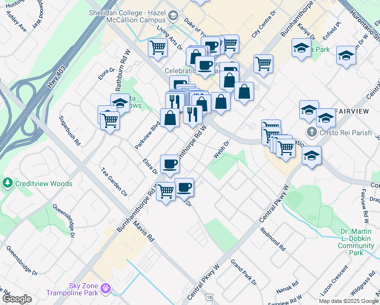 map of restaurants, bars, coffee shops, grocery stores, and more near in Mississauga